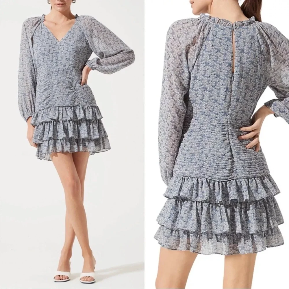 NEW ASTR The Label Blue Floral Long Sleeve Tiered Ruffle Shirred Mini Dress Sz M - Picture 13 of 14